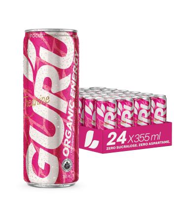 GURU Organic Energy Drink - New Theanine Fruit Punch - Power Up your Mind - Healthy Energy - Plant Based ingredients - Low Sugar - Only 50 calories - The ultimate Brain Booster - 355 ml (Pack of 24)