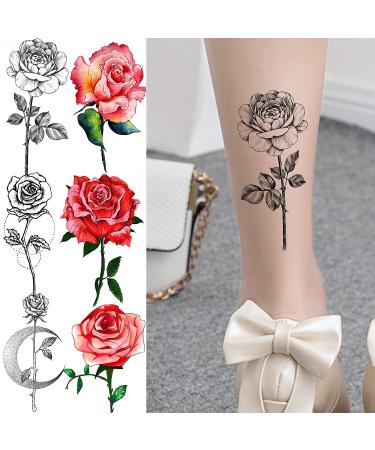 Black Sketch Rose & Snake Temporary Tattoos for Women - Waterproof Sexy Red Rose & Crescent Moon Tattoo Sticker Kit - Buy Online on SooperMarket.com