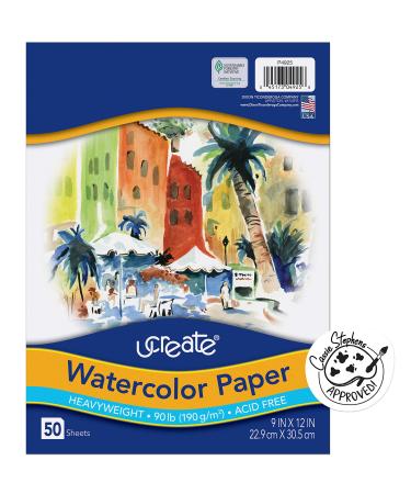 UCreate Watercolor Paper, White, Package, 90lb., 9" x 12", 50 Sheets