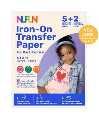 NuFun Activities Printable Iron-on Heat Transfer Paper for T Shirts  Dark Fabrics  5 Sheets 8.5 x 11 inch  Long Lasting  Durable  Professional Quality  Easy DIY  Non-Toxic  Made In the USA