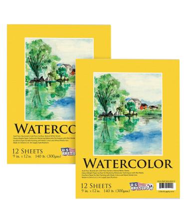 U.S. Art Supply 9" x 12" Premium Heavyweight Watercolor Painting Paper Pad, Pack of 2, 12 Sheets Each, 140 Pound (300gsm) - Cold Pressed, Acid-Free, Wet, Dry & Mixed Media - Artists, Students, Adults 9-x-12-inch