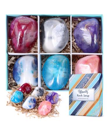 BFF BEAUTY Soap Rocks Set - 6pcs Hand Face Body Bar Soap Birthday Gift for Women Set, Perfect Gemstone Soap Bar Set for Women & Men Moisturizing Skin, Best Gift Idea for Birthday Gifts
