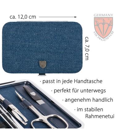 Three Swords Germany 6 pcs Manicure Set 'Genova' | Nail Care Kit with Scissors Clippers & Glass Files in Textile Jeans Blue - International Shipping - Buy Online on SooperMarket.com