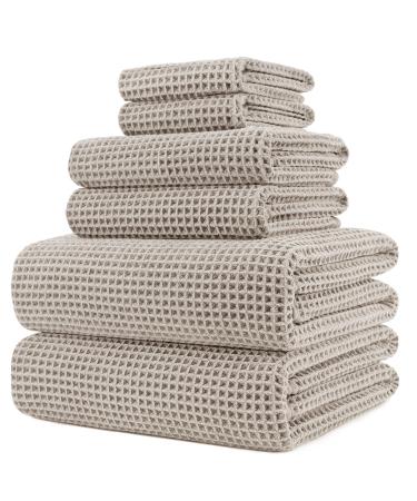 POLYTE Oversize, 60 x 30 in, Quick Dry Lint Free Microfiber Bath Towel Set, 6 Piece (Beige, Waffle Weave)