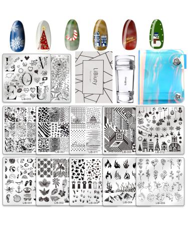 JEEWHEET 12pcs Nail Stamping Templates Plate 1 Scraper 1 Silicone Mail Stamper 1 Transparent Laser Storage Bag Stamping Plates for Nail Art Summer Rose Flower Animal Mandala Mermaid Christmas Nail Stamping Plate