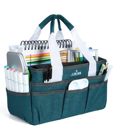 JJRING Craft Organizer Tote Bag, Art Storage Caddy with Multiple Pockets, Bluish Green Sewing Bag for Art, Craft, Scrapbooking, School, Medical, and Office Supplies Storage Blue Green Small