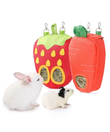 JanYoo Bunny Feeder Hay Bag for Rabbits Guinea Pig Cage Manger with Hooks Food Dispenser Storage Hanging for Chinchilla E-Straberry+Carrot Pack of 2