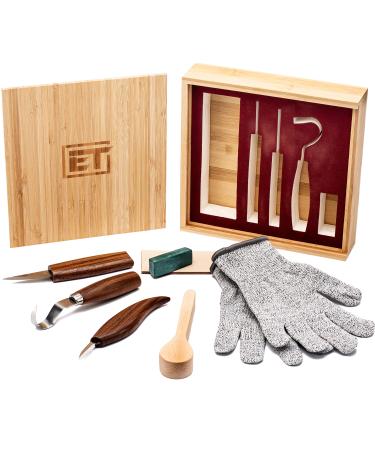 Elemental Tools 9pc Wood Carving Tools Set - Hook Carving Knife  Whittling Knife  Detail Wood Carving Knife For Spoon  Bowl  Kuksa Cup Or General Woodwork - Bonus Cut Resistant Gloves And Bamboo Box