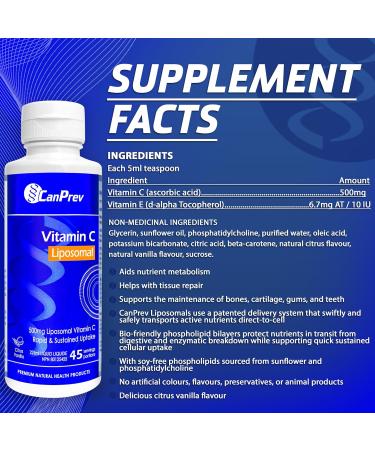 CanPrev Liposomal Vitamin C 500mg with Vitamin E 10 IU 225ml - Citrus Vanilla Flavor - Liquid Vitamin C Complex - Enhanced Absorption - Antioxidant Supplement - Maintenance of Bones Teeth & Gums - Buy Online on SooperMarket.com