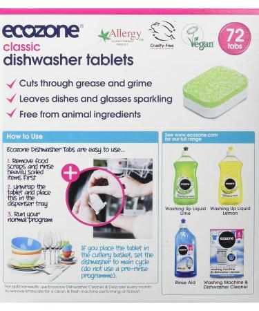 EcoZone Classic All-In-One Dishwasher Tablets Effective Cleaning Formula Cuts Through Grease & Grime Natural Vegan & Non Toxic Tabs Plant Based Plastic-Free Leaves No Residue (Box of 72 Capsules) - Buy Online on SooperMarket.com