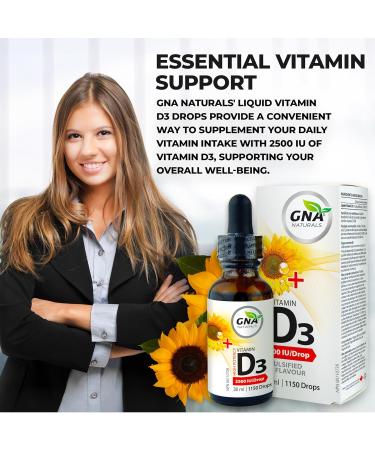 GNA Naturals Vitamin D3 Drops 2500 IU 30ml - Liquid Vitamin D3 for Adults - High Potency Flavorless Easy to Absorb - Pure D3 Supplement for Daily Wellness - Supports Bone Heart and Teeth Health - Buy Online on SooperMarket.com
