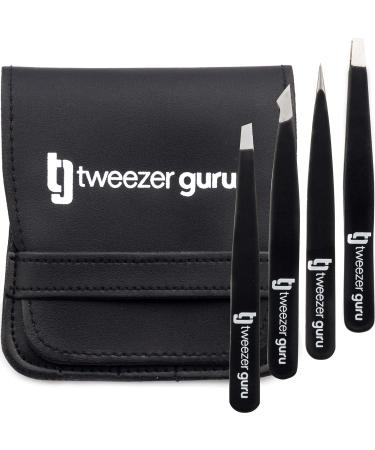 Tweezer Guru Eyebrow Tweezer Set (4-Piece) for Women & Men - Professional Slant and Pointed Tweezers Set with Case - Precision Tweezers Kit for Facial Hair, Splinter and Ingrown Hair Removal 4 Pack