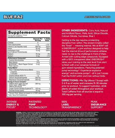 BSN EndoRush Blue Raspberry - 30 Servings | Energy & Focus Boost - Buy Online on SooperMarket.com