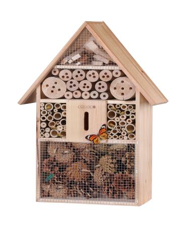 CADOCA XXL Insect Hotel | 48x31x10cm | Wooden Pitched Roof Garden Bee Hotel | Natural Wood Weatherproof Hanging Bug House Nest Box Nesting Habitat Bees Butterflies Ladybugs Gardening Home Wooden Roof