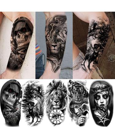 3D Black Skull Halloween Temporary Tattoos - 59 Sheets | Long Lasting Fake Tattoos for Adults & Kids - Realistic Owl, Wolf, Lion, Tiger, Devil | Body Art Stickers - Buy Online on SooperMarket.com