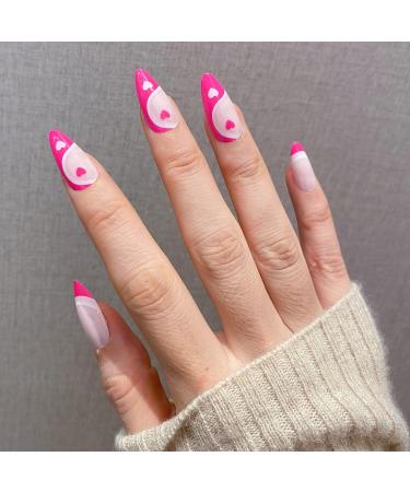 NOVO OVO Medium Long Oval Stiletto Pale Hot Pink French Tip Yinyang Heart False Press on Nails - LOVE CYCLE Glossy Acrylic Kit - Buy Online on SooperMarket.com