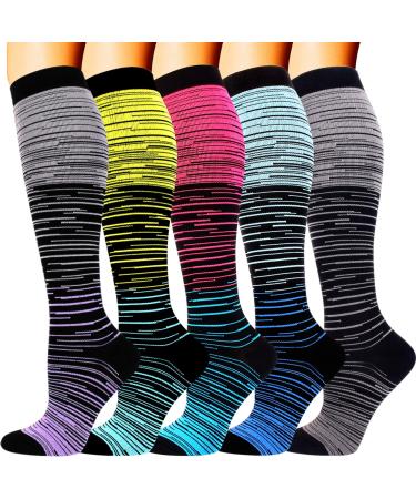 5 Pairs Compression Socks for Men Women 15-20 mmHg Medical Support for Running Nurses Flight Pregnancy Circulation Athletic Socks Multicoloured L/XL