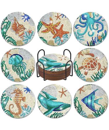 Finphoon Diamond Painting Coasters Kit with Holder  8 Pcs DIY Diamond Painting Ocean Art Coasters Kit  Diamond Painting Art Kits for Adults Kids Blue