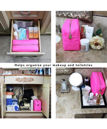 DANCOUR Large Pink Makeup Bag & Toiletry Organizer for Women - Nylon Cosmetic Pouch, Travel-Friendly, Preppy Style - Hot Pink Makeup Storage for Girls - Buy Online on SooperMarket.com