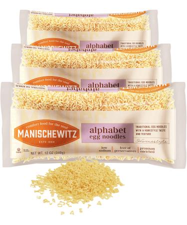 Manischewitz Alphabet ABC Pasta Egg Noodles 12oz (3 Pack), Home-style Taste & Texture, Premium Enriched, Low Sodium, No Preservatives