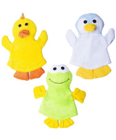 Happy Bathing Fun: 3-Pack Animal Motif Washing Gloves - Duck Penguin & Frog - Perfect Bath Accessories for Babies & Kids Includes Mini Gift! - Buy Online on SooperMarket.com
