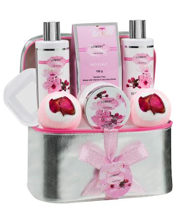 Bath and Body Spa Gift Basket Set for Women Cherry Blossom Home Spa Set with Fragrant Lotions 2 Extra Large Bath Bombs Mirror Silver Reusable Travel Cosmetics Bag & More Christmas Care Package