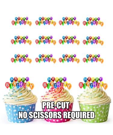 Colourful Balloon Happy Birthday Cake Decorations - 12 Edible Wafer Cup Cake Toppers