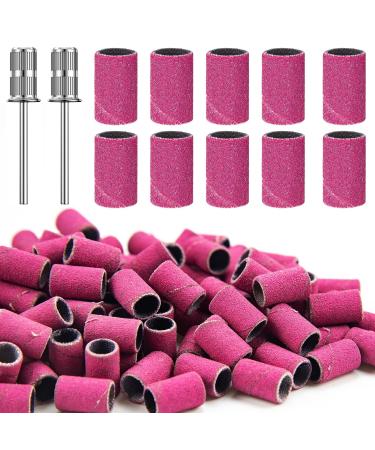 Nail Sanding Bands for Nail Drill 100Pcs Pink Sanding Bands for Nail Drill 180# Grit Nail Drill Sanding Bands with 2Pcs 3/32 Mandrel Bits and Boxed for Acrylic Nails Gel Manicures and Pedicure