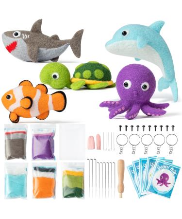 WATINC 25PCS SEA Animal Needle Felting Starter Kit Diy needle work Handicrafts Felt Tools Filing Nadles Foam Matte Hair Delphins Turtle Turtle Woll Party Accessories for Beginners Children's Meer States