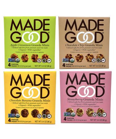 Made Good Organic Granola Minis  Variety Pack of 4 Flavors Tree-Nut and Peanut-Free, Gluten-Free, Vegan, Kosher (4 Portion Packs Per Flavor)