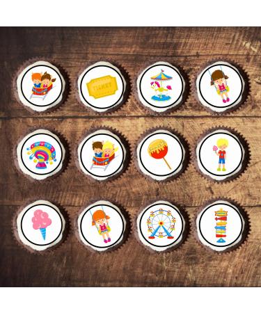 24 Fun Fair Carnival Theme Edible Cupcake Toppers - Stand Up Disc Wafer Cake Decorations