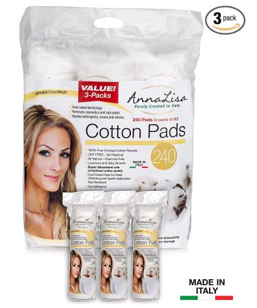 AnnaLisa 100% Pure Combed Cotton Rounds - 3 Packs of 80 | Hypoallergenic & Absorbent | 240-Piece Italian Facial Cleansing Pads - Buy Online on SooperMarket.com