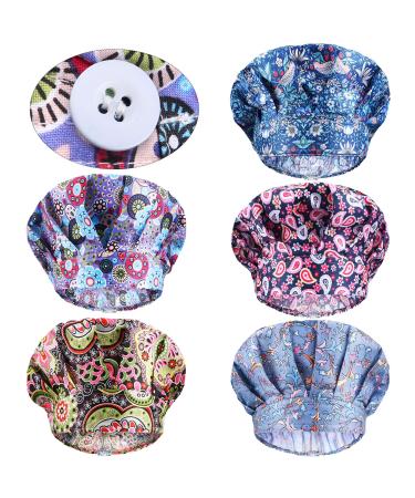 Geyoga 5 Pieces Adjustable Bouffant Caps with Buttons Printed Tie Back Hats with Sweatband Hat for Women Men 5 Styles Floral Pattern