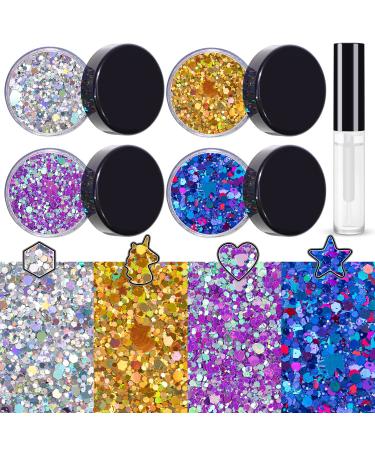 Holographic Chunky Glitter Silver Gold Magic Purple and Purplish Blue Cosmetic Body Hair Face Eye for Festival Carnival Beauty Rave Accessories Different Shapes 4 Pots+ Quick Dry Primer Glue Gel Silver Gold Magic Purple and Purplish Blue