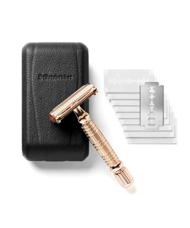 St rtebekker Premium Razor Hobel in Handmade Leather Etui |Razor set with 10 razor blades travel etui and built-in mirror |Wet razor in a vintage look with 2-page blade head Ros Gold-Black Black