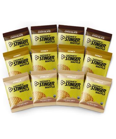 Honey Stinger Organic Waffles - Variety Pack  12 Count  4 of Each Flavor  Energy Source for Any Activity  Honey, Vanilla & Chocolate  Plus Sticker Honey,Chocolate 1.06 Ounce (Pack of 12)