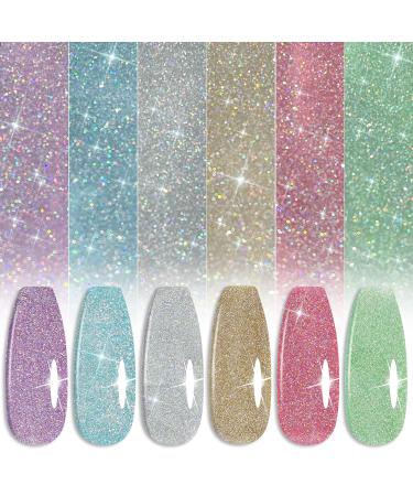 YTD Likomey Colorful Glitter Gel Nail Polish Set,Sparkly Rainbow 6 Colors with Base and Top Coat Manicure Kit, Lavender Purple Mint Blue Silver Champagne Gold Ruby Red Pink Grass Green Glitter UV Nail Gel Polish,8 Pcs 6ml