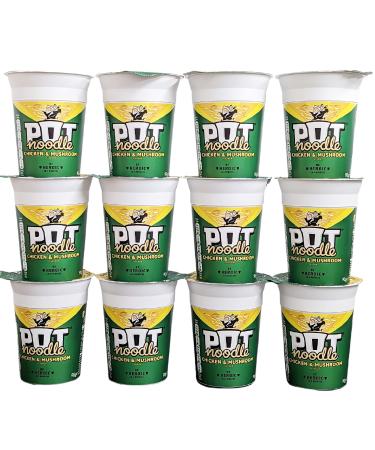 Chicken & Mushroom Pot Noodle Multipack - Pack of 12 x 90g Instant Pot Noodles with Topline Card. Chicken Soup Snack Pots Bulk Buy for Camping Food Picnics or School Holidays.