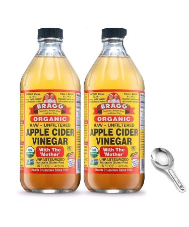 Bragg Organic Apple Cider Vinegar With the Mother, Raw Unfiltered All Natural Ingredients - 16 Fl Oz Pack of 2 w/ Custom F.O.Y Brand Measuring Spoon
