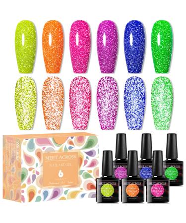 MEET ACROSS Neon Reflective Glitter Gel Nail Polish  Shimmery Glitter Gel Polish Set  Sparkly Shiny Gel Nail Art Varnish Manicure Kit  Soak Off LED Lamp  for Beginners DIY at Home Neon Reflective Gel