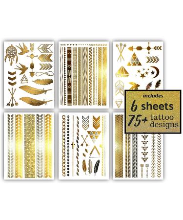 Gold Metallic Temporary Tattoos - 75+ Geometric Henna Designs Moon Stars Arrows Feathers - Waterproof, Non-toxic, Long Lasting - Ideal for Beach, Festivals & More! - Buy Online on SooperMarket.com