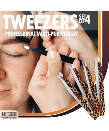 Professional Stainless Steel Eyebrow Tweezers Set - 4 Pieces with Travel Case | Leopard Style - Beauty and Personal Care Tool - Buy Online on SooperMarket.com