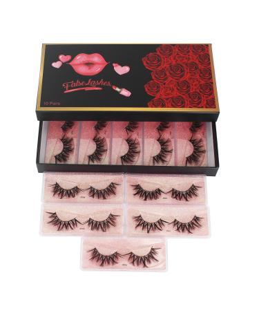Bodermincer 10 Pairs 3D Faux Mink Hair False Eyelashes Wispies Fluffies Drama Eyelashes Natural Long Soft Handmade Cruelty-free Black Lashes J006 (J006)