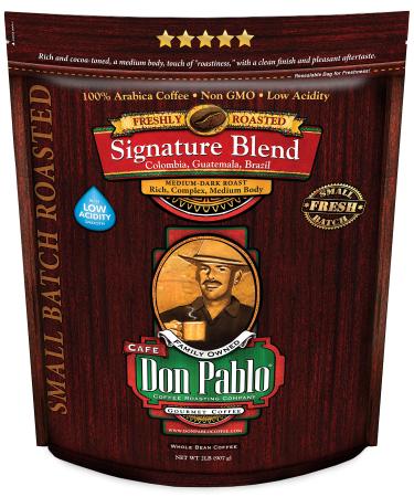 Don Pablo Gourmet Coffee - Signature Blend - Medium Dark Roast - Whole Bean Coffee - 100% Arabica Beans - Low Acidity and Non-GMO - 2lb bag 2 Pound (Pack of 1)