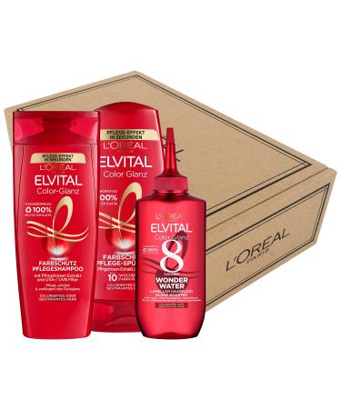 L'Or al Paris Elvital Color Protection Set with Color Gloss Care Hampoo (300 ml) Color Gloss Rinisel (250 ml) & Color Glanz Wonder Water Hairfluid (200 ml) for colored tinted or applied hair 750 ml (1 Pack)