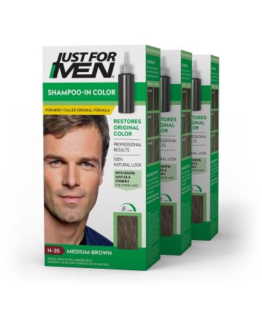 Just For Men Shampoo-In Color, Mens Hair Dye with Vitamin E for Stronger Hair - Medium Brown, H-35, 3 Pack (Formerly Original Formula)