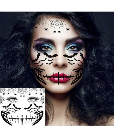 Scary Halloween Face Temporary Tattoos - 4 Sheets for Women, Men, Kids, and Adults | 3D Witch, Zombie Makeup Kit | Dia de los Muertos Face Tattoos with Spider Web, Bat, and Scar Designs - Buy Online on SooperMarket.com