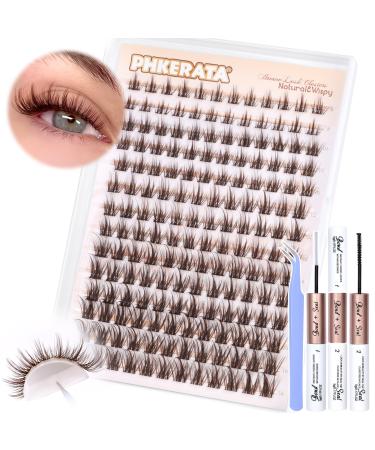 PHKERATA Brown Cluster Lashes Kit Manga Individual Eyelashes Wispy C Curl Lash Extension Kit Eyelash Extension Kit Brown Lashes Individual Cluster with Lash Glue Bond and Seal and Lash Tweezers Brown Kit