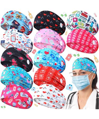 Jexine 12 Pieces Nurse Headbands with Buttons for Mask Non Slip Nursing Headbands Wide Headbands for Women Elastic Ear Protection Headband Hair Bands for Nurse's Day Gift Spa Yoga Sports Workout