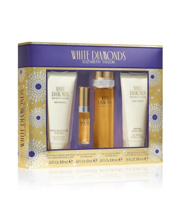 Elizabeth Taylor White Diamonds 4-Piece Set for Women (3.3 Oz Eau De Toilette Spray+ 0.33 Oz Eau De Toilette + 3.3 Oz Body Lotion + 3.3 Oz Body Wash) 2.56 Fl Oz (Pack of 4)